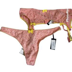 NEW REGALIA Lingerie Pink Yellow Garter Belt Set 10 Medium Bow Adjustable Lace